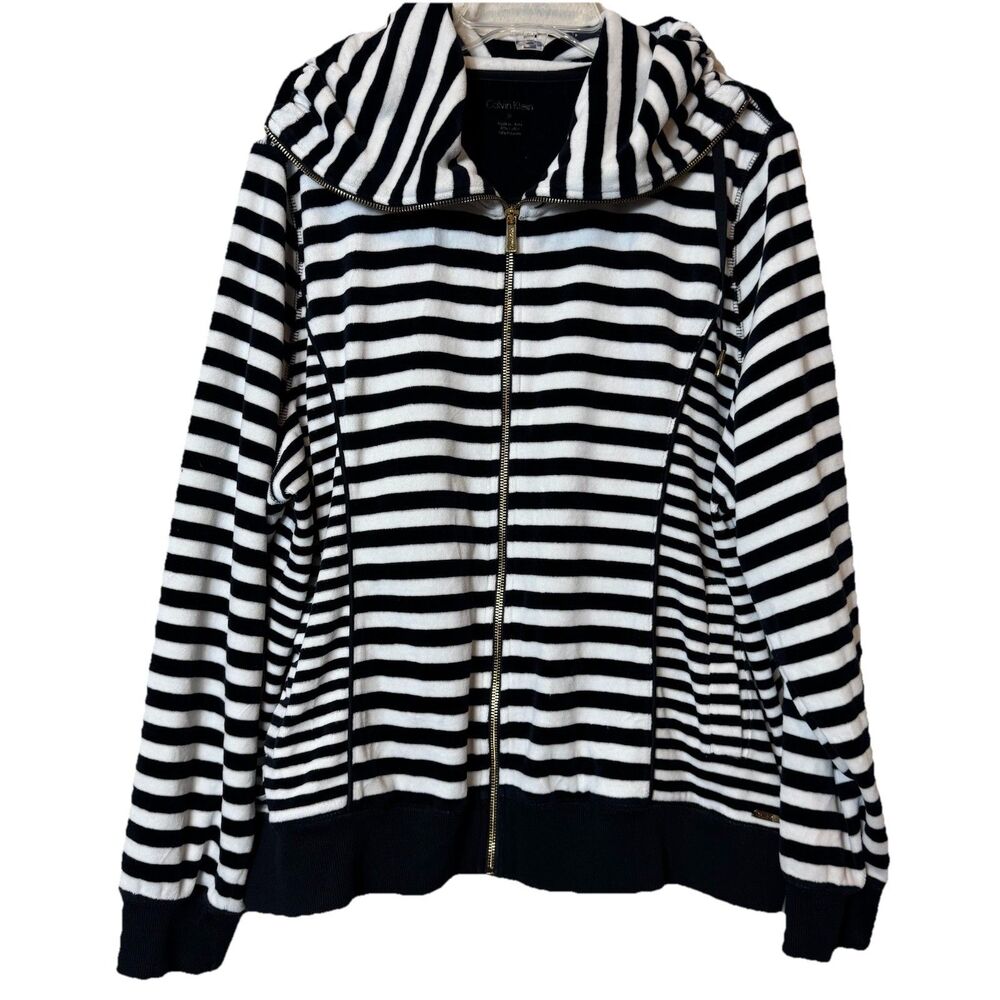 Calvin Klein Women’s Plus Size 2X Full Zip Jacket Black White Stripe Velvety